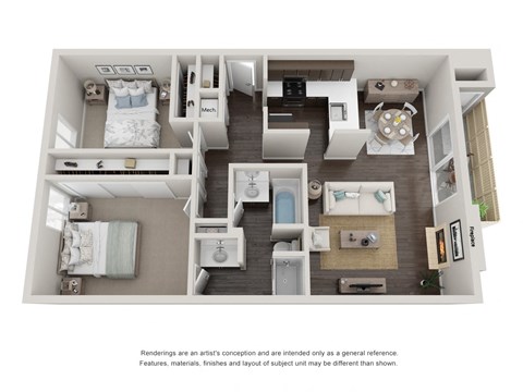 The Oak 2 bedroom 1.5 bathroom Floor Plan with 980 Square Feet at Willow Grove Apartments, Sacramento, CA 95825 